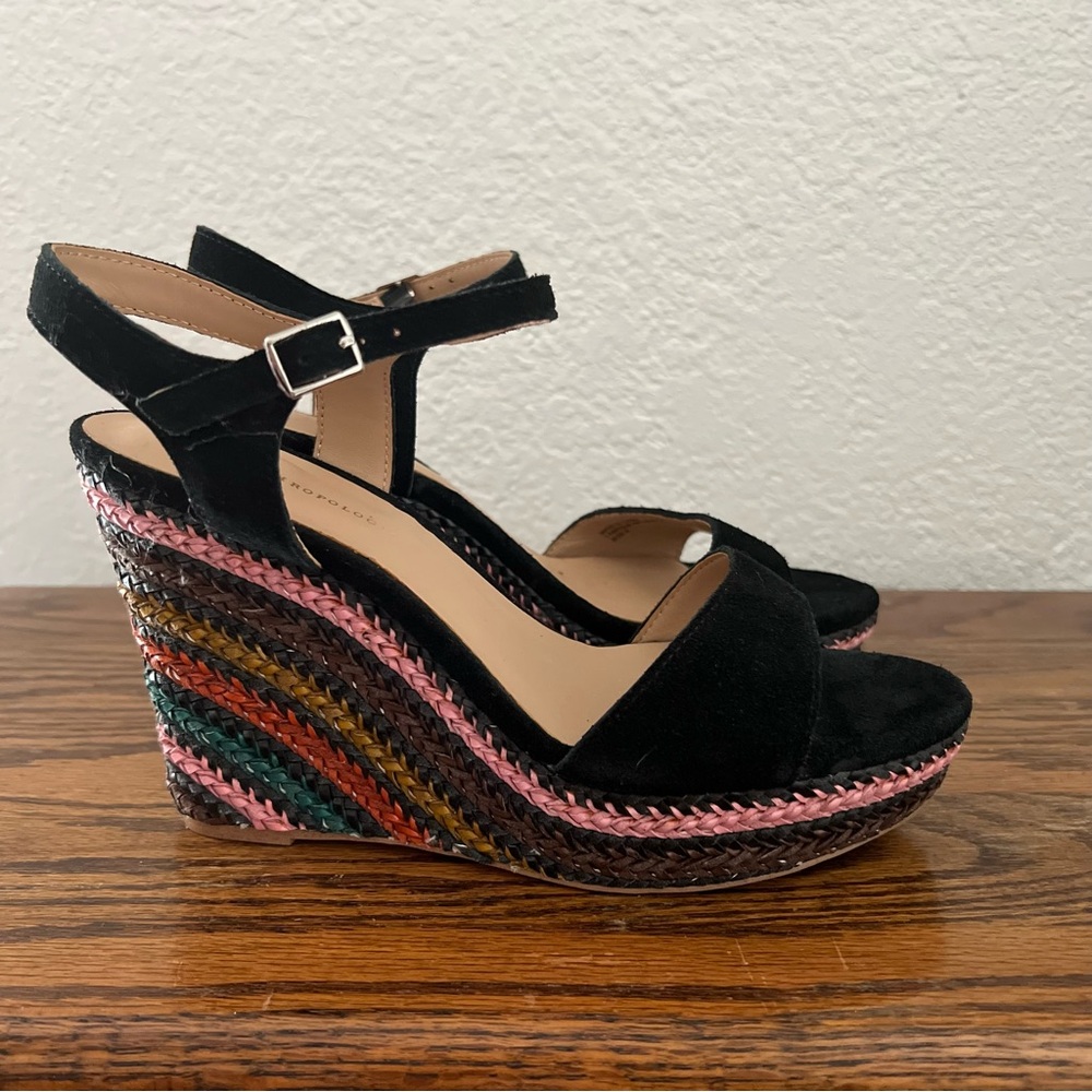 Anthropologie Black Wedges With Multicolor Woven Heels EU 39 US 9 - Picture 4 of 8